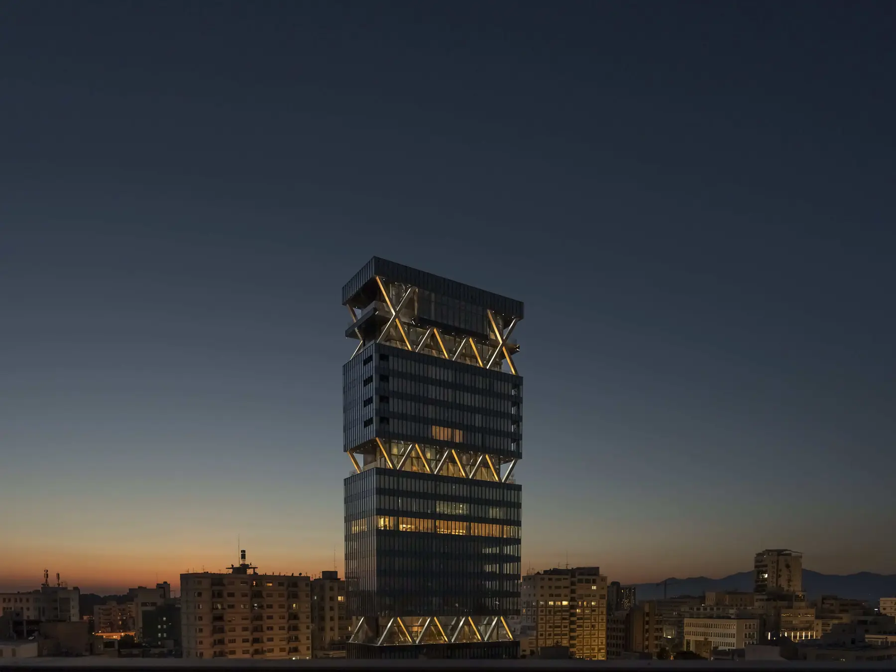 Labs Tower illuminated above the Nicosia skyline