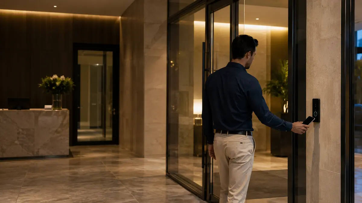 A person presenting a smartphone credential at a secure access-control reader beside a glass entrance