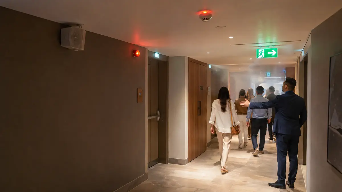 A controlled evacuation with a smoke detector, alarm beacon, voice speaker and illuminated exit route