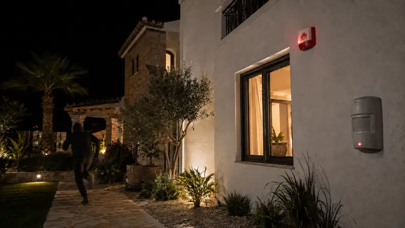 A detected intruder leaving a protected property after intervention