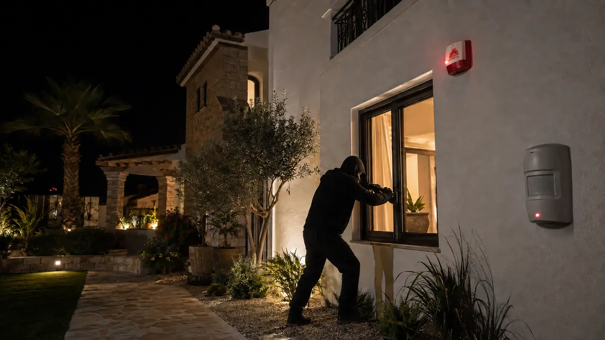 An outdoor intruder alarm detector sensing a person attempting to force open a window