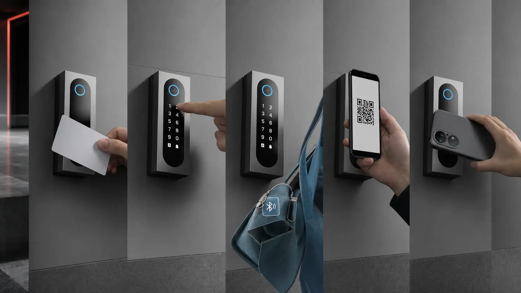 Card, PIN, Bluetooth, QR code and NFC access methods presented in a coordinated architectural setting