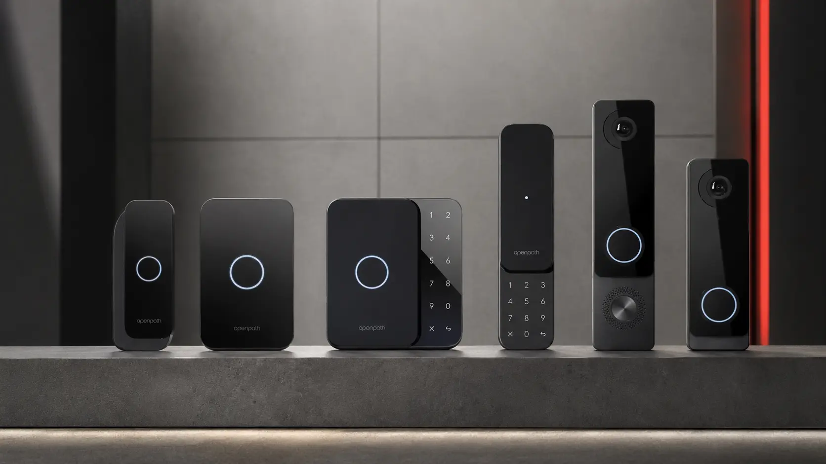 Openpath access control reader family presented in a coordinated architectural setting