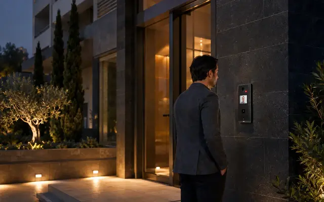 A resident answering a videophone visitor call from an indoor screen